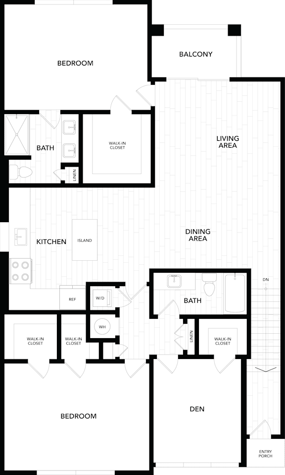 A floor plan of a house with a living area, dining area, kitchen, two bedrooms, a bathroom, a balcony, and a den.