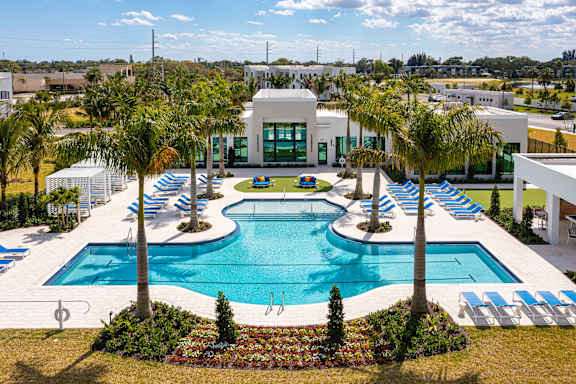 A large swimming pool surrounded by palm trees and lounge chairs.