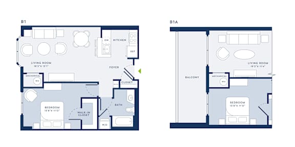 Two floor plans for a B1 and B1A apartment.