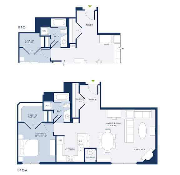 A floor plan of a B10A apartment with a living room, kitchen, bedroom and bathroom.