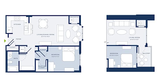 A floor plan of a two bedroom apartment with a living room and a balcony.