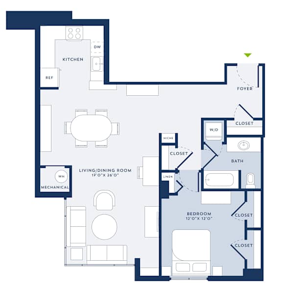 A floor plan of a house with a living room, dining room, kitchen, and bedrooms.