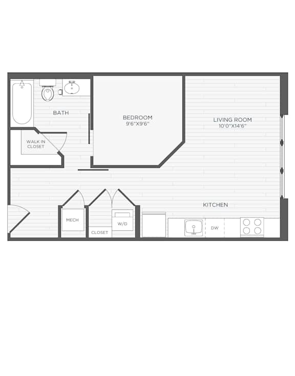 a floor plan of a studio apartment with a bedroom and a living room