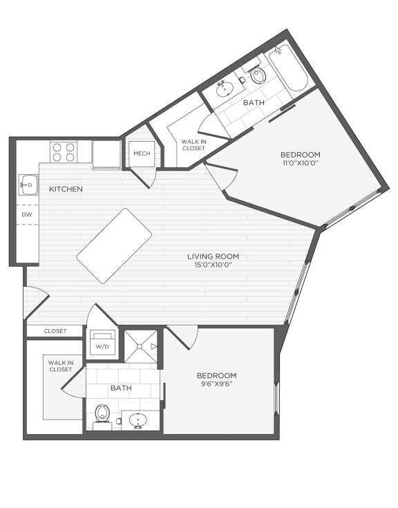 a floor plan of a studio apartment with a bedroom and a living room