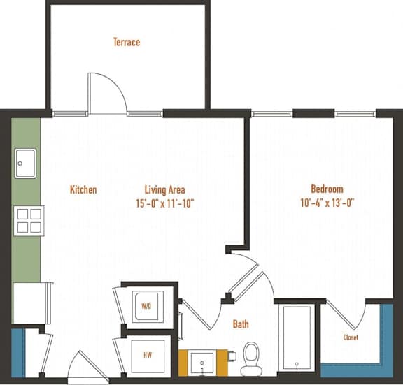 A floor plan of a small apartment with a kitchen, living area, bedroom, bathroom, and closet.