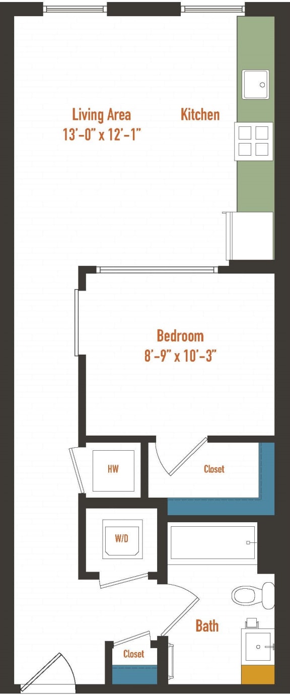 a floor plan of a small house with a bathroom and a kitchen