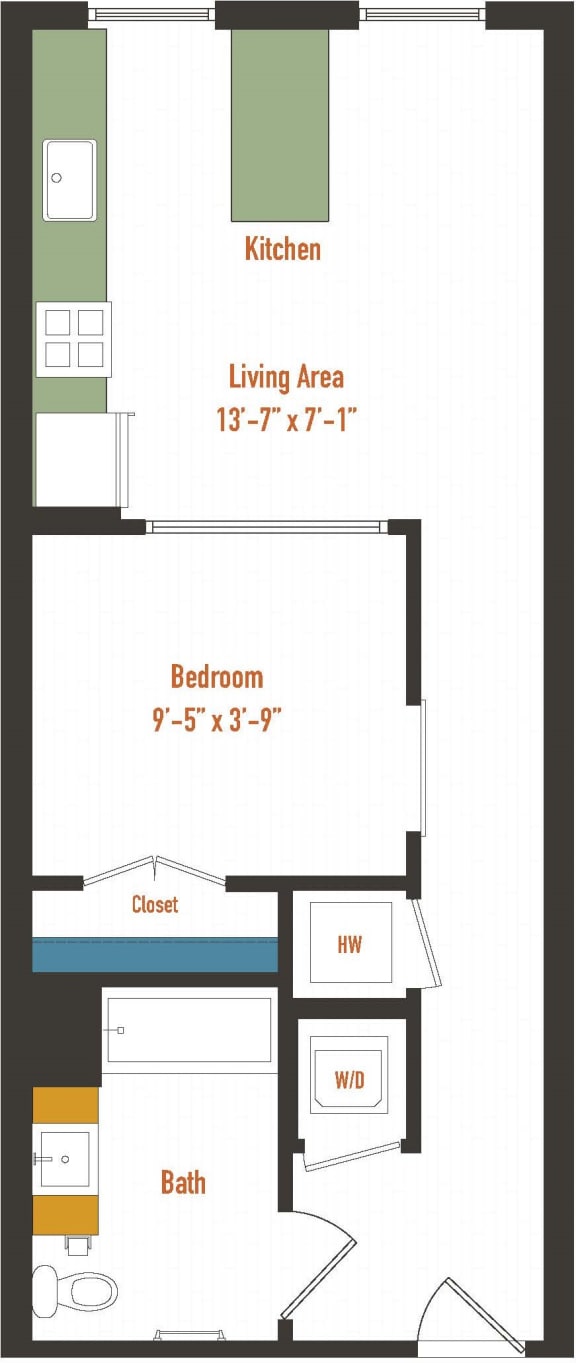 a floor plan of a small house with a bathroom and a kitchen