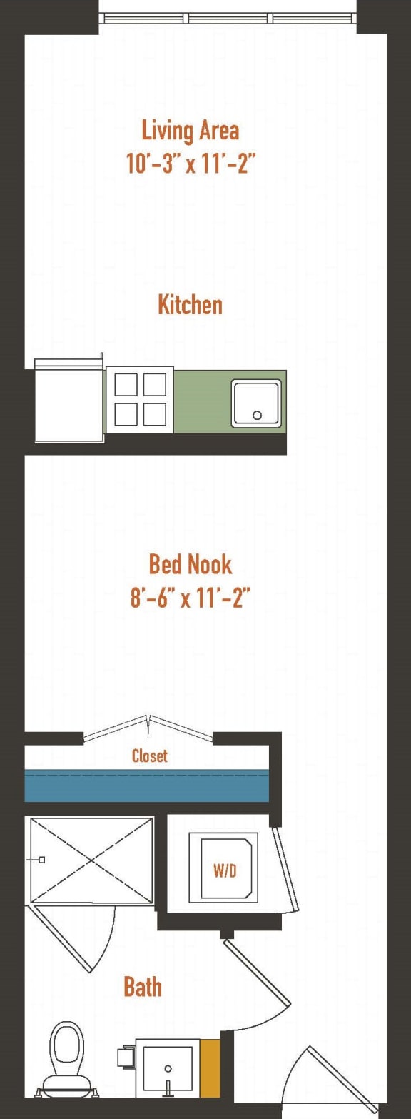 a floor plan of a small house with a bathroom and a kitchen