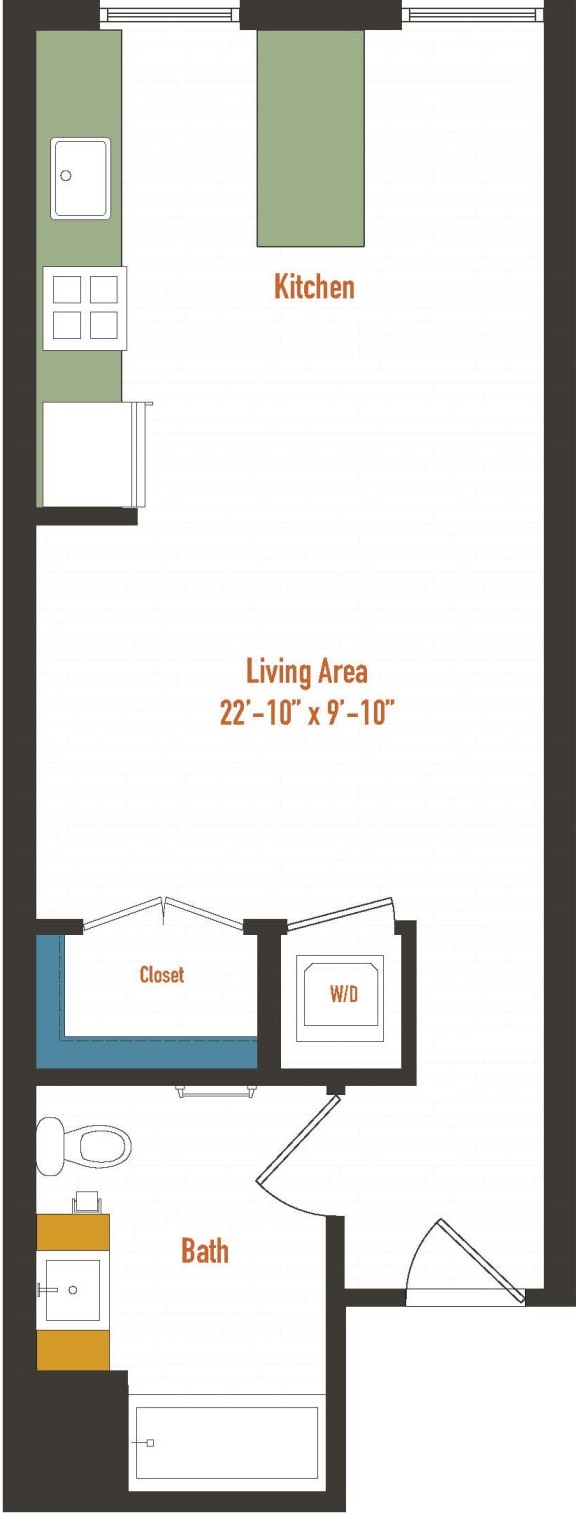 a floor plan of a room with a bed and a kitchen