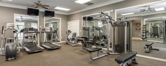 Gym with exercise equipment and mirrored wall at Chesapeake Ridge, Maryland