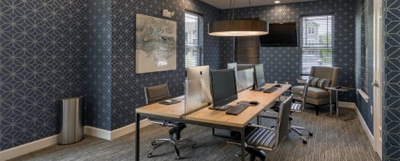 Business center with computer table and printed navy wall paper at Chesapeake Ridge, North East, MD, 21901