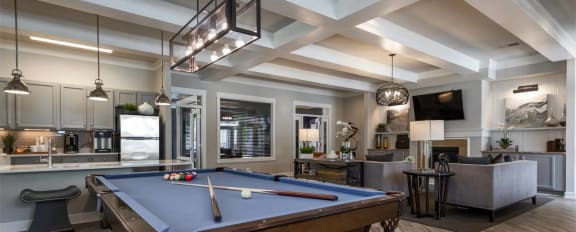 Game room area with iron pendant lighting, framed ceiling, and cozy seating areas at Chesapeake Ridge, North East, Maryland