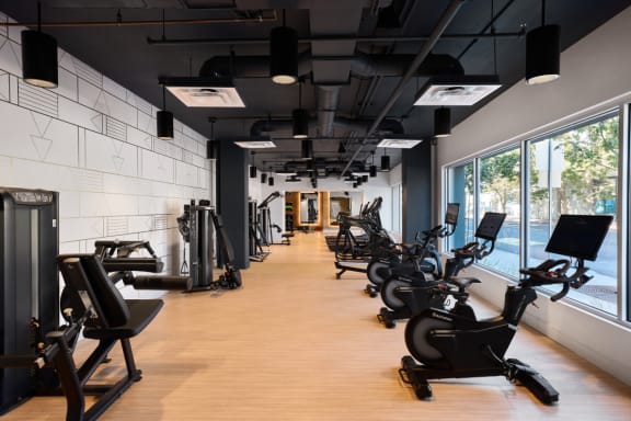 a row of exercise bikes in a gym