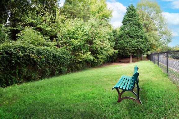 a park bench sitting in the grass next to a fence