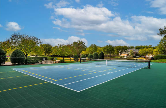 a tennis court in a park with trees