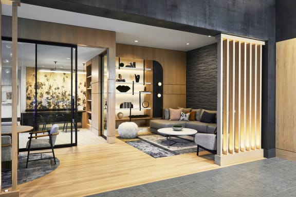 a living room with a couch and a table
