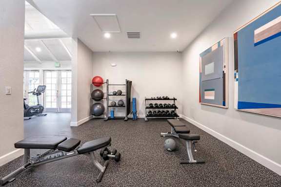 A well-equipped home gym with a variety of exercise equipment.