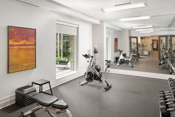 A gym with a variety of equipment including weights and exercise machines.