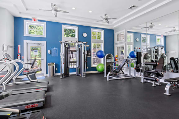a gym with cardio equipment and weights in a building with blue walls