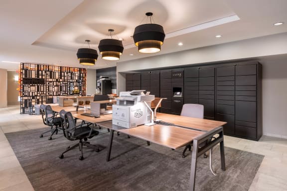 a conference room with a printer on a table