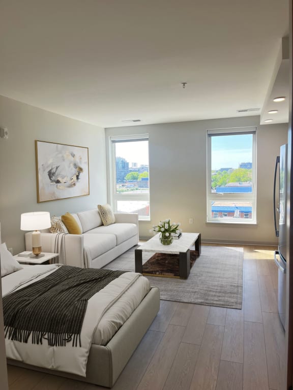a living room with a couch and a table