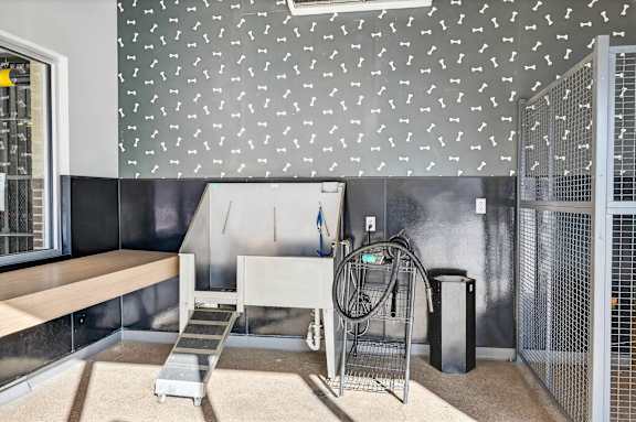 A room with a grey wallpaper and a white chair.