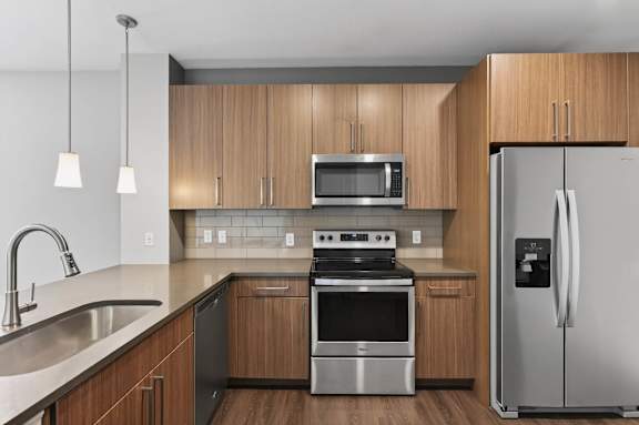 Luxury kitchen with wood cabinets and stainless steel appliances.