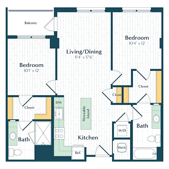 A floor plan of a house with two bedrooms, a living/dining area, a kitchen, a bath, and a balcony.