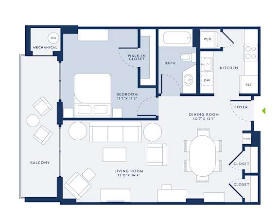 A floor plan of a house with a living room, dining room, kitchen, and two bedrooms.