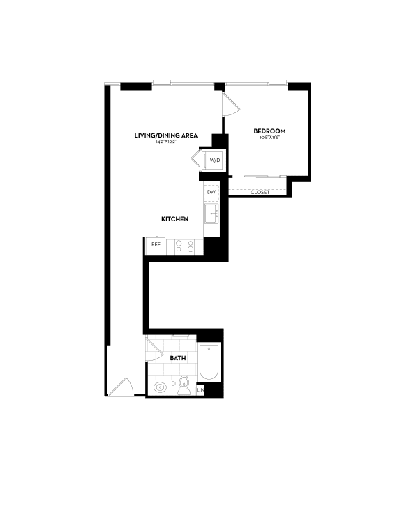 1 Bedroom, 1 Bathroom - 591 square feet