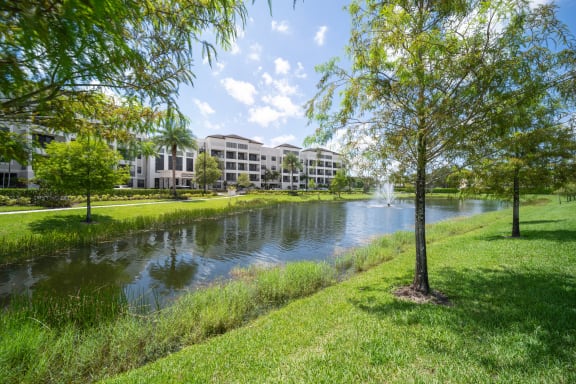 a view of a river with a building in the background