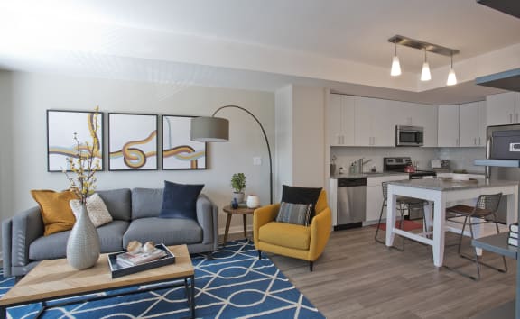 a living room and kitchen in an apartment