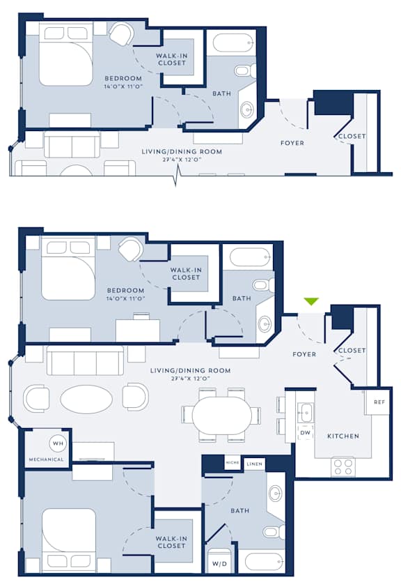 Two floor plan of a house with two bedrooms and two bathrooms.