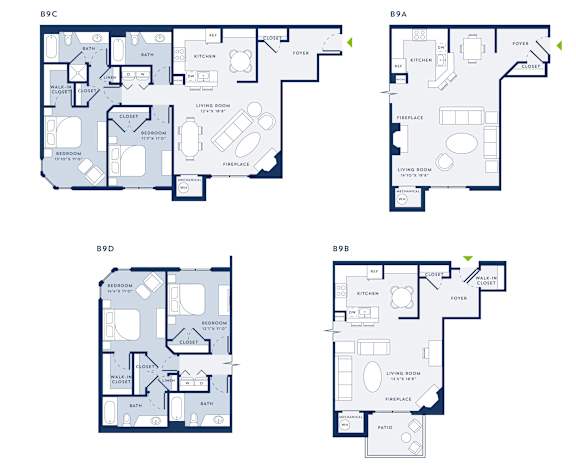 Four floor plans for apartment buildings are laid out.