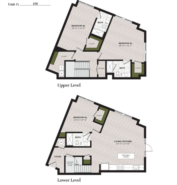 the floor plans of two bedroom upper and lower floors
