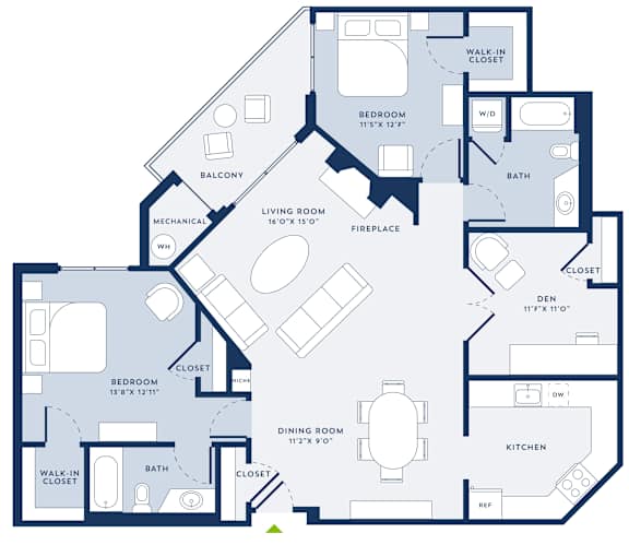 A floor plan of a house with a living room, dining room, kitchen, and multiple bedrooms and bathrooms.