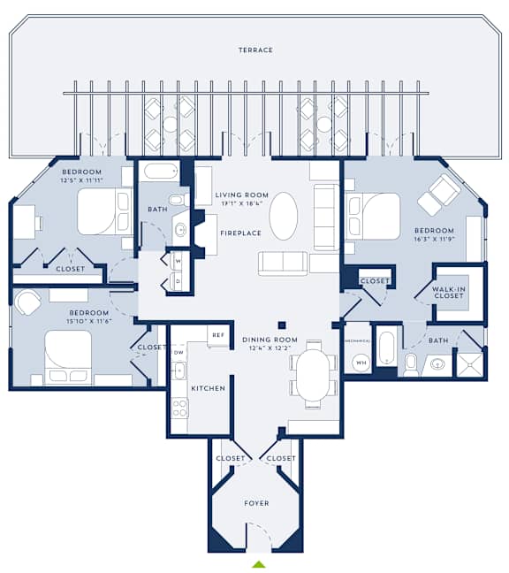 A detailed black and white floor plan of an apartment with various rooms labeled.