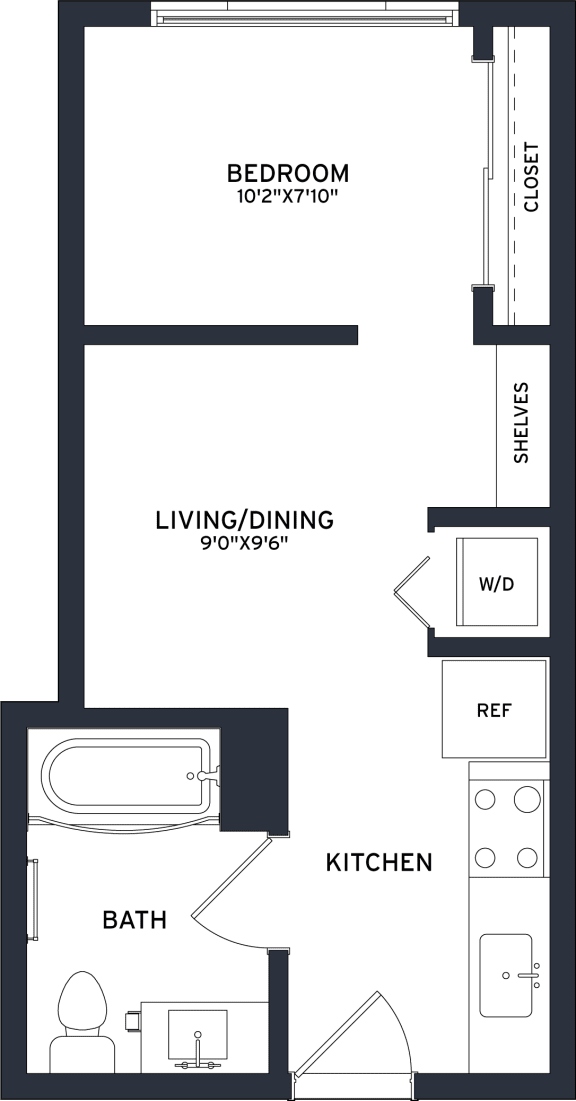 a floor plan of a small house with a bathroom and a kitchen