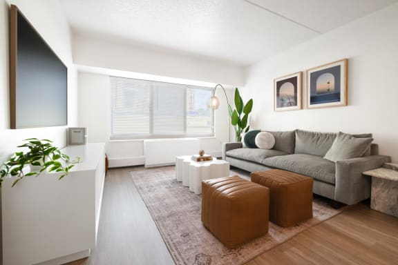 a living room with a gray couch and a large window
