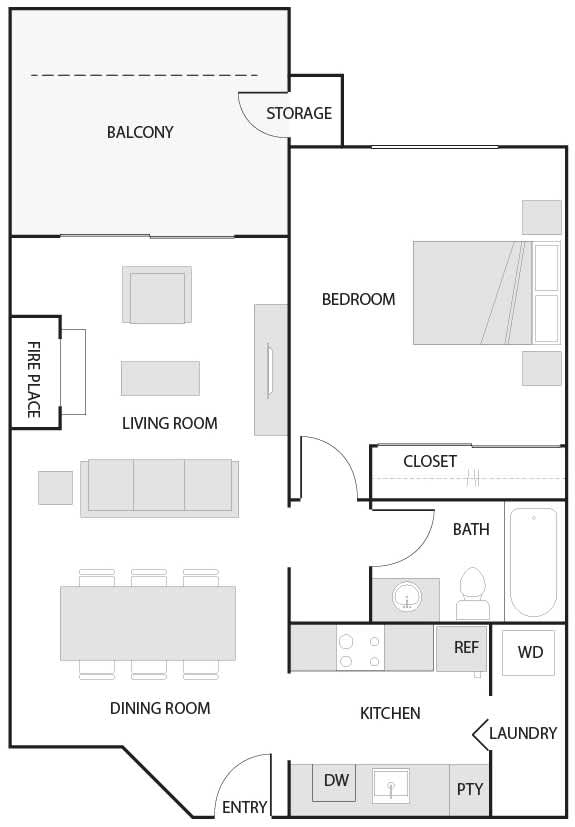 A floor plan of a house with labeled rooms such as bedroom, living room, and kitchen.