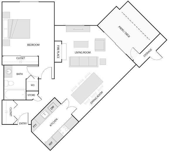 A floor plan of a house with a bedroom, living room, dining room, kitchen, and bath.
