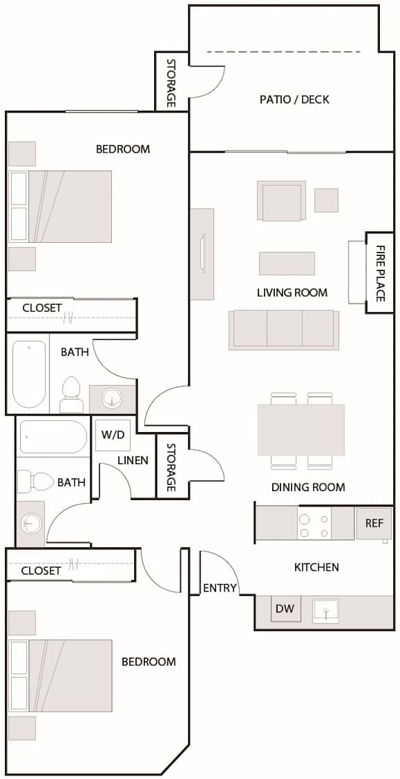 A floor plan of a house with labeled rooms such as bedroom, bath, and kitchen.