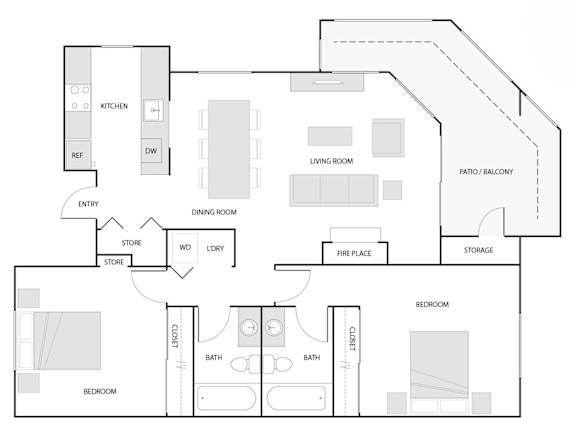 A floor plan of a house with a living room, dining room, kitchen, and two bedrooms.