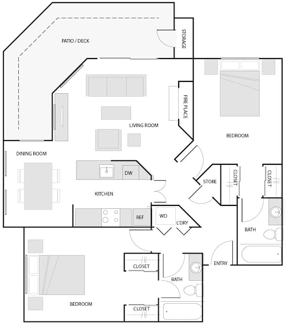 A floor plan of a house with a living room, dining room, kitchen, and two bedrooms.