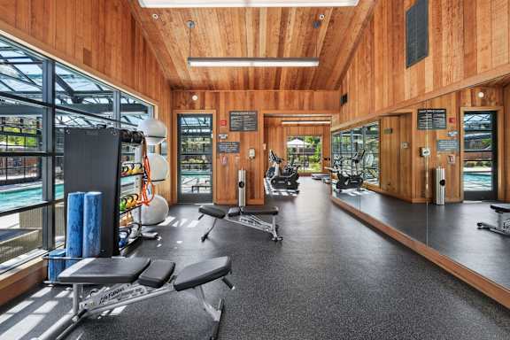 A gym with wooden walls and black flooring.