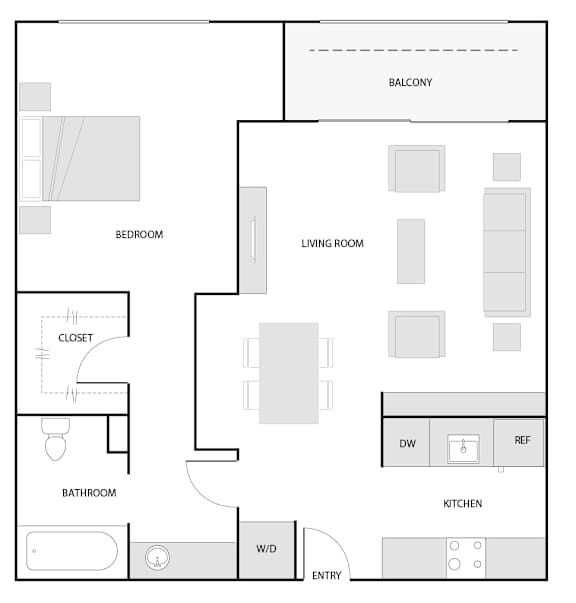 A floor plan of a home with a bedroom, living room, kitchen, bathroom, and closet.