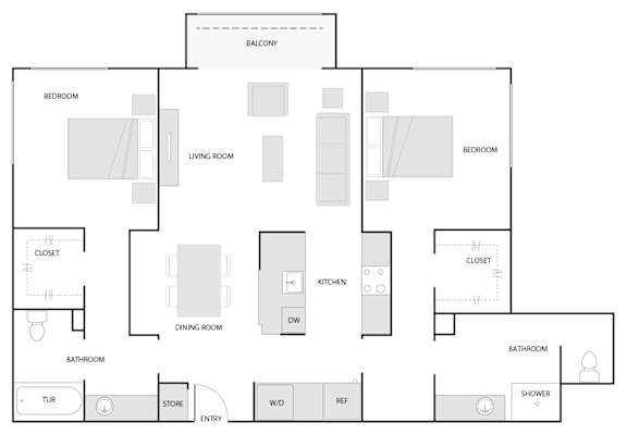 A floor plan of a house with a balcony, two bedrooms, a living room, a dining room, a kitchen, a bathroom, a store, an entry, a tub, a shower, and a closet.