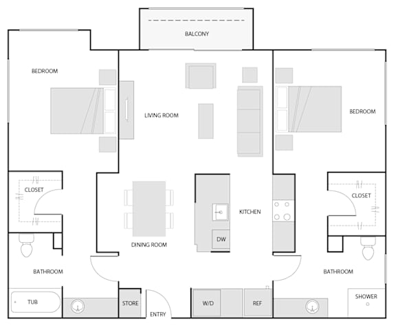 A floor plan of a house with labeled rooms such as bedroom, bathroom, and kitchen.