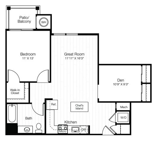 2 bedroom apartments floorplan with den and patio/balcony, ny