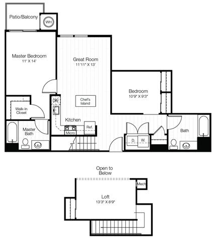 2 bedroom apartments floorplan with den and patio/balcony, ny